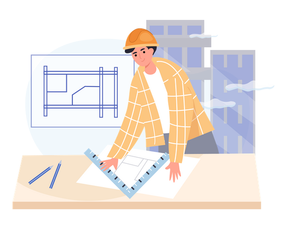 Man measuring building plan  Illustration