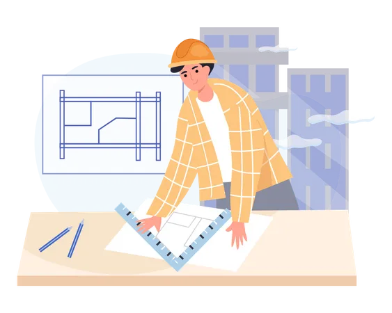 Man measuring building plan  Illustration