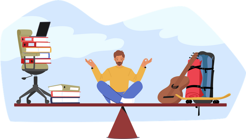 Man Meditate On Balance Scale Between Hobby And Career Illustration