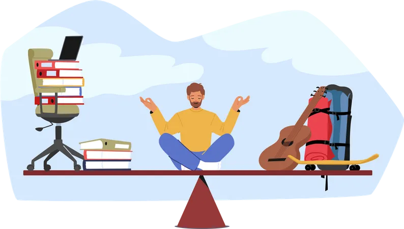 Man Meditate On Balance Scale Between Hobby And Career  Illustration