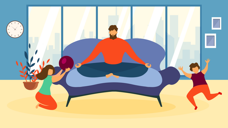 Man Meditate on Sofa and Children Playing Game  Illustration
