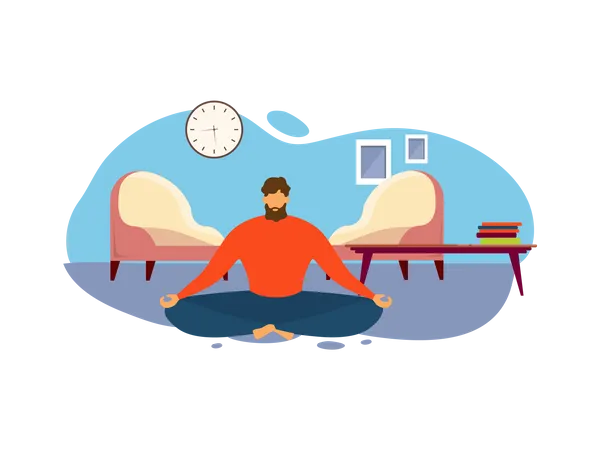 Man Meditate while Sit on Floor at Living Room Illustration