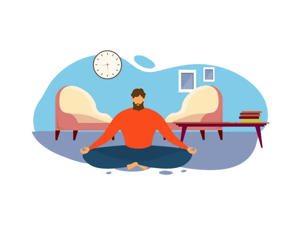 Man Meditate while Sit on Floor at Living Room  Illustration