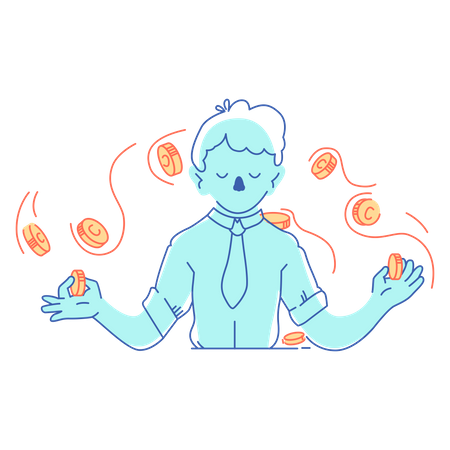 Man meditates around coins  イラスト