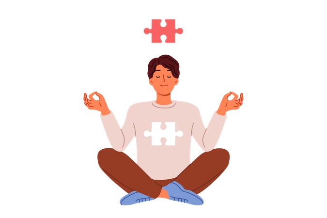 Man meditates sitting in lotus position and feels synchronization soul in form of puzzle and cosmos  Illustration