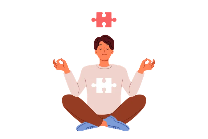 Man meditates sitting in lotus position and feels synchronization soul in form of puzzle and cosmos  Illustration