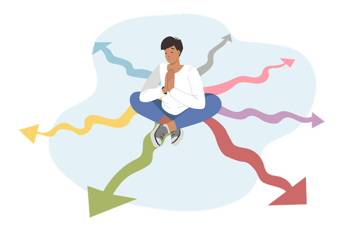 Man meditates sitting on crossroads and pondering path for development and right direction growth  Illustration