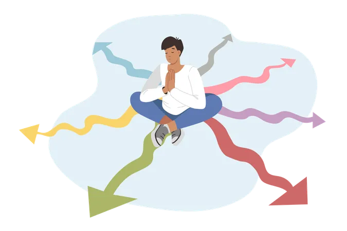 Man meditates sitting on crossroads and pondering path for development and right direction growth  Illustration