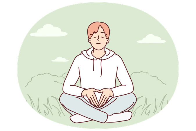 Man meditates sitting on grass and practices yoga to restore strength and put thoughts in order  Illustration