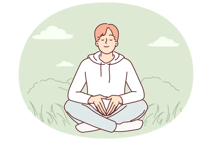 Man meditates sitting on grass and practices yoga to restore strength and put thoughts in order  Illustration