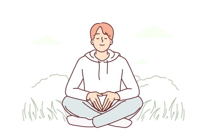 Man meditates sitting on grass  Illustration