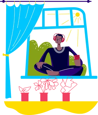 Man meditating at home listening to music Illustration