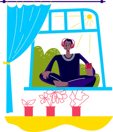 Man meditating at home listening to music  Illustration