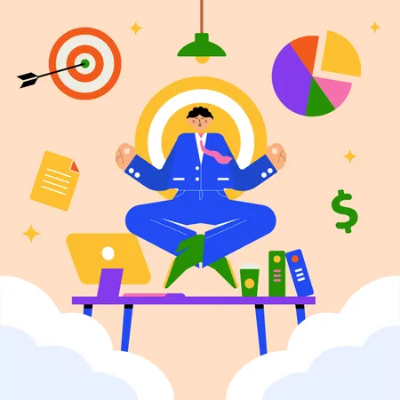 Man meditating at work  Illustration