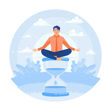 Man Meditating On Hourglass while Balance Time And Work Management  Illustration