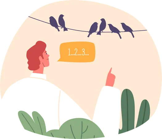 Male Character With Ocd Meticulously Counts Birds On A Wire Every Flutter Tallies Every Chirp Echoes In His Ritual Of Precise Numbers An Ordered World In Flight Cartoon People Vector Illustration Illustration