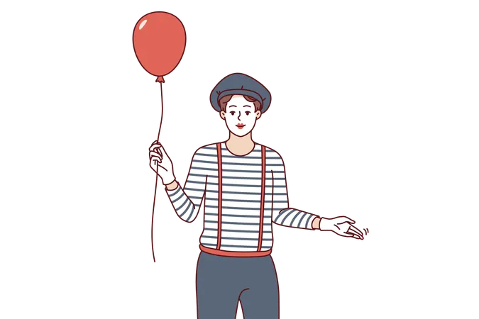 Man Mime With Balloon Invites You To Comedy Theater Performance With Paraders And Clowns Mime Circus Actor Guy With White Face Dressed In Striped T Shirt And Pants With Suspenders Illustration