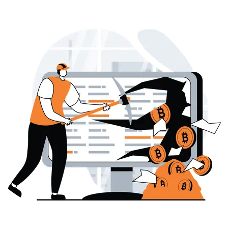 Man mining bitcoin Illustration