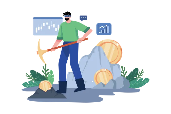 Man mining bitcoin using Virtual technology Illustration
