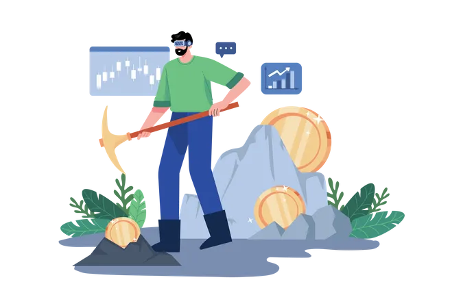 Man mining bitcoin using Virtual technology  Illustration