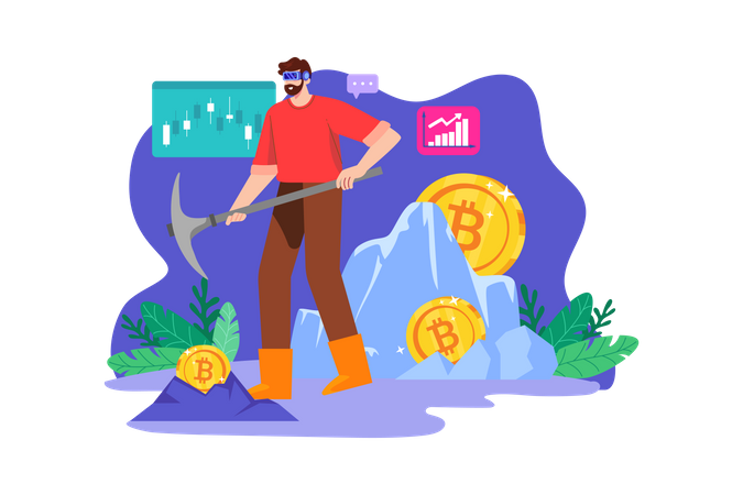 Man mining bitcoin using Virtual technology  Illustration