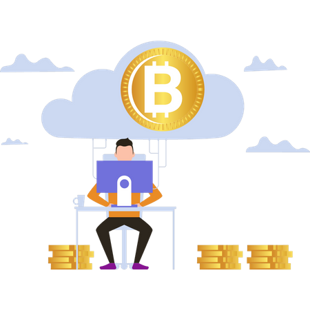 Man mining bitcoin via cloud mining  Illustration