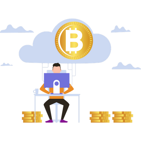 Man mining bitcoin via cloud mining  Illustration