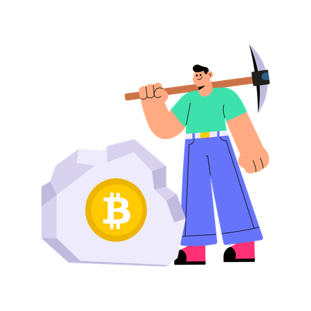 Man mining Bitcoin with pickaxe  Illustration