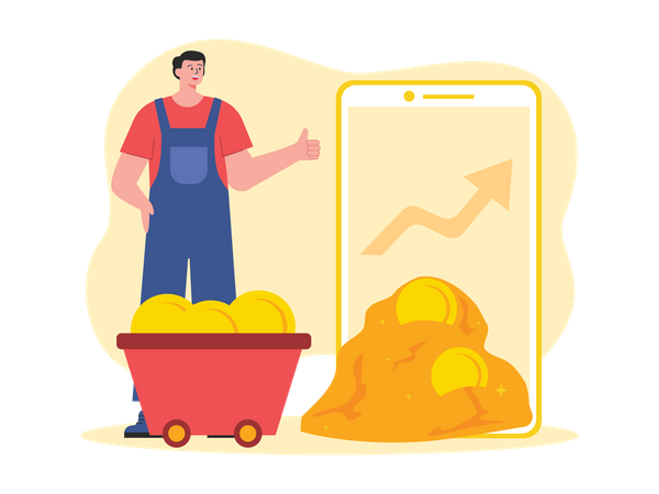 Man mining coins using mobile app  Illustration