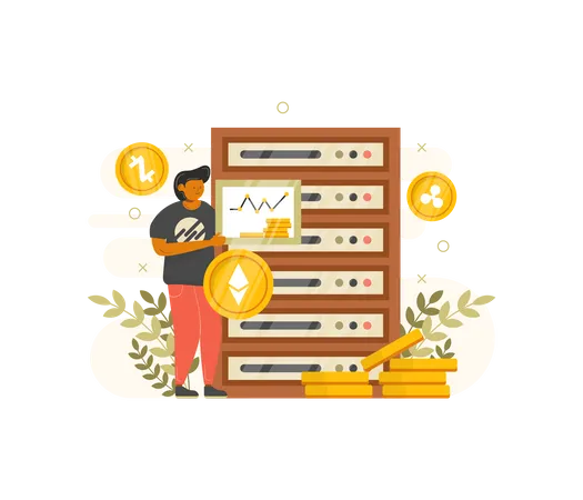 Man mining cryptocurrency using Server  Illustration