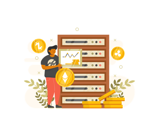 Man mining cryptocurrency using Server  Illustration