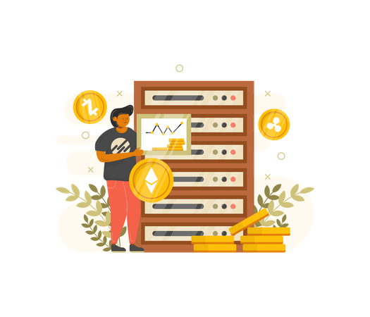 Man mining cryptocurrency using Server  Illustration