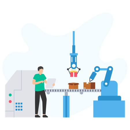 Man Monitoring Automated Packaging  Illustration