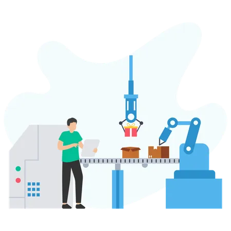 Man Monitoring Automated Packaging  Illustration