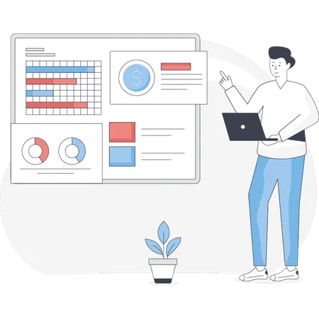 Man monitoring financial data through laptop  Illustration
