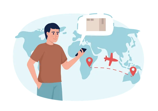 Man monitoring parcel flight with mobile phone Illustration