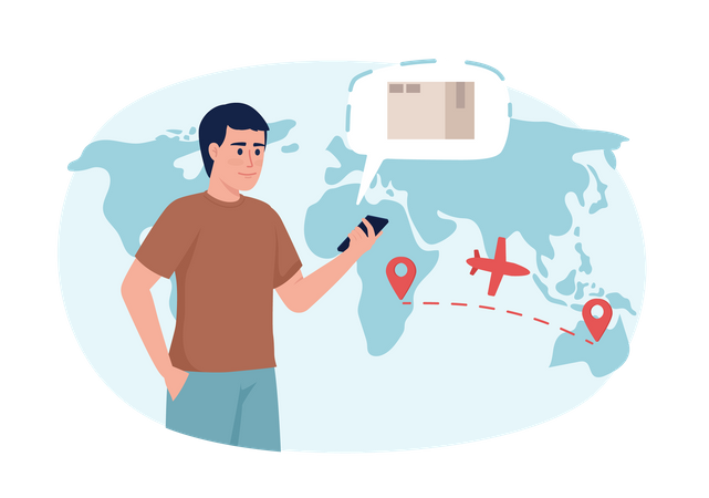 Man monitoring parcel flight with mobile phone  Illustration