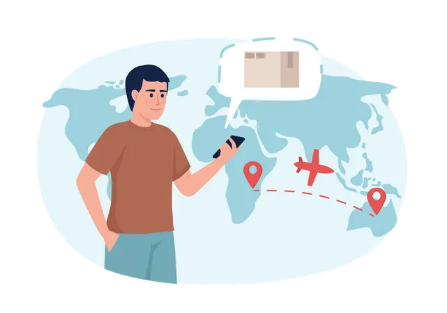 Man monitoring parcel flight with mobile phone  Illustration