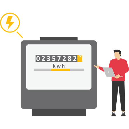 Man monitoring private electricity meter and calculating household utility bill  Illustration