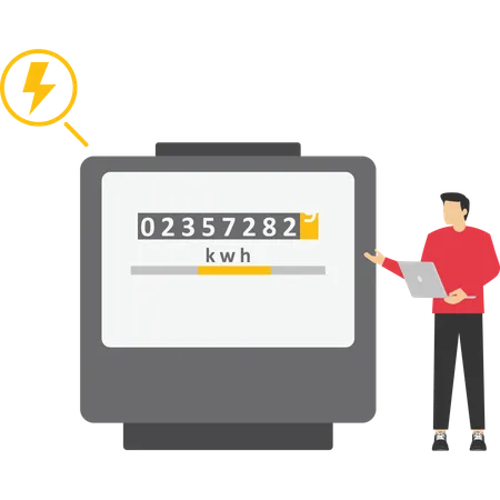 Man monitoring private electricity meter and calculating household utility bill  Illustration