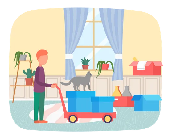 Man Moving To New House Or Studio Puts His Things In Cardboard Boxes Changing Place Of Residence Moving To New Apartment Relocation Person With Cat Packs Things To Shipping Rental Of Premises Illustration