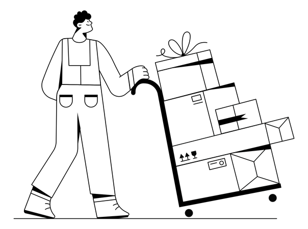 창고 카트를 사용하여 패키지를 옮기는 남자  일러스트레이션
