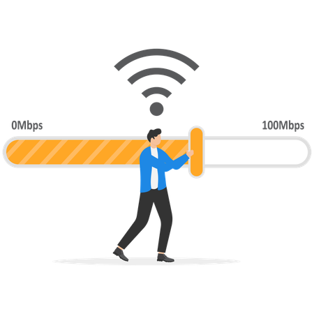 Man moving slider on measuring scale of wireless internet speed  Illustration