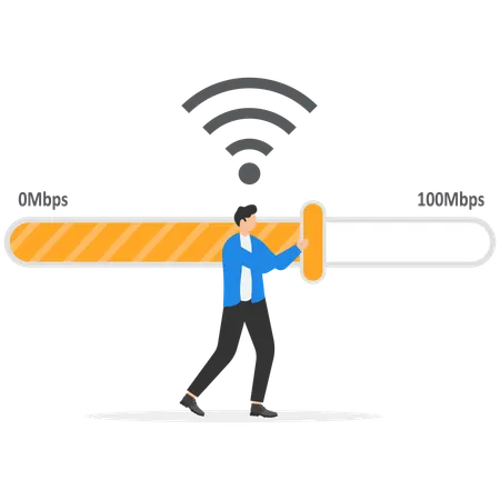 Man moving slider on measuring scale of wireless internet speed  Illustration