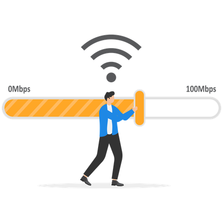 Man moving slider on measuring scale of wireless internet speed  Illustration