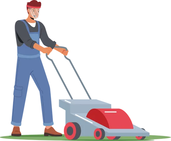 Man mow lawn in garden  Illustration