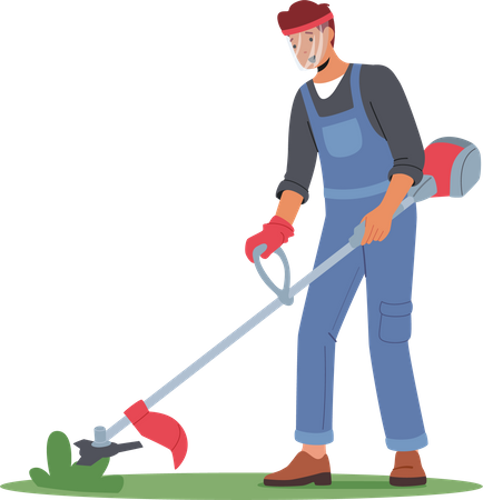 Man mow lawn using grass trimmer  Illustration