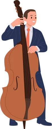 Jazz Man Musician Cartoon Character Playing Double Bass String Music Instrument Isolated On White Background Male Contrabassist Player Performing Solo With Acoustic Cello Vector Illustration Illustration