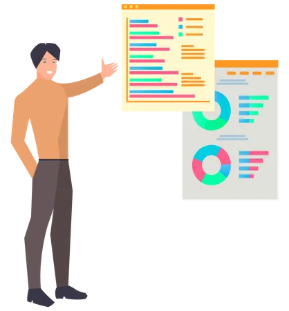 Data Analysis Research Statistics Concept Work With Statistics Strategy Business Development Female Employee Talks About Results Of Statistical Research Woman Near Presentation Board With Data Illustration
