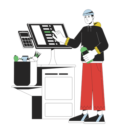 Man near self checkout terminal  Illustration